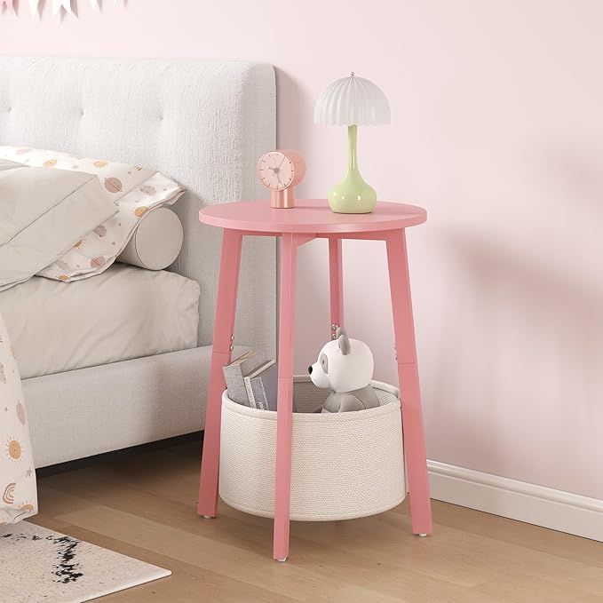 Small Round Side End Table Set of 2 with Cloth Storage Basket, Round Bedside Sofa Couch Coffee Tables for Small Places with Metal Frame, Modern Nighstands for Living Room Bedroom,Pink
