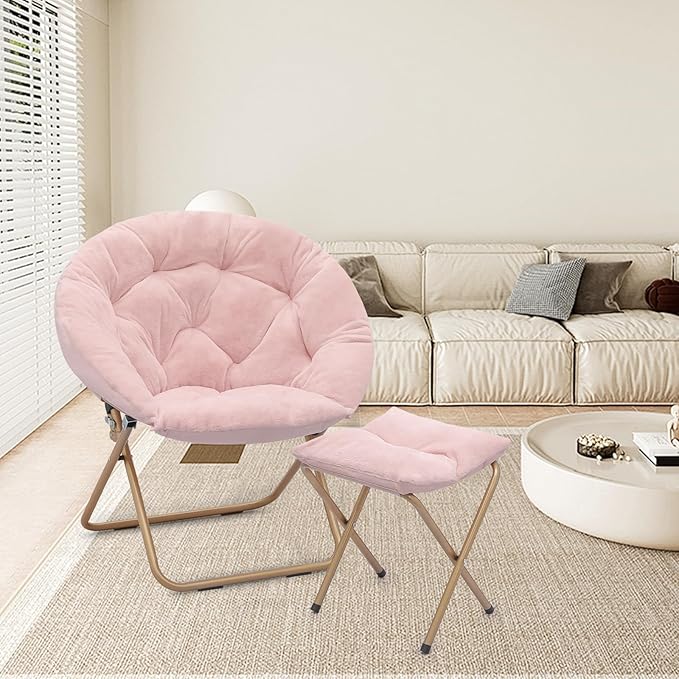 Athena Collection Saucer Chair with Ottoman Comfy Chair for Bed Room Living Room Folding Round Cozy Chair Faux Fur Metal Frame Foldable Lazy Chair Accent Chair Reading Chair Set of 2, Pink