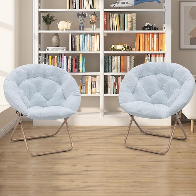 Athena Collection Comfy Saucer Chair Folding Cozy Chair for Bed Room Living Room Accent Chair Faux Fur Reading Chair Foldable Metal Frame Lazy Chair Moon Chair for Adult Set of 2, Blue