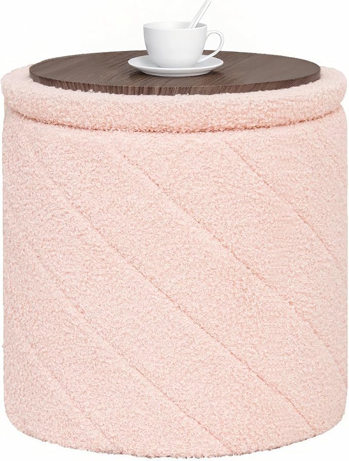 B FSOBEIIALEO Ottoman with Stroage, Boucle Round Storage Ottoman with Tray,Foot Rest Stool for Dorm Room, Living Room Pink, 16.93"x16.93"x17.72"