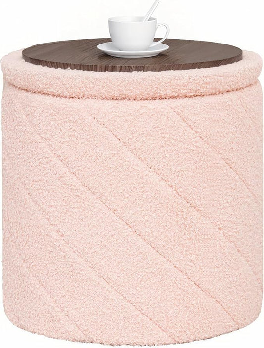 B FSOBEIIALEO Ottoman with Stroage, Boucle Round Storage Ottoman with Tray,Foot Rest Stool for Dorm Room, Living Room Pink, 16.93"x16.93"x17.72"