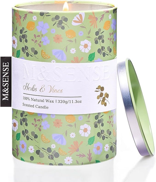 M&SENSE Herbs Vines Scented Candle, Medium Jar Candle 11.3oz Natural Soy Wax for Home Scented, Floral Candles Gift for Spring Holiday, Up to 70 Hours Burning Long-Lasting Fragrance
