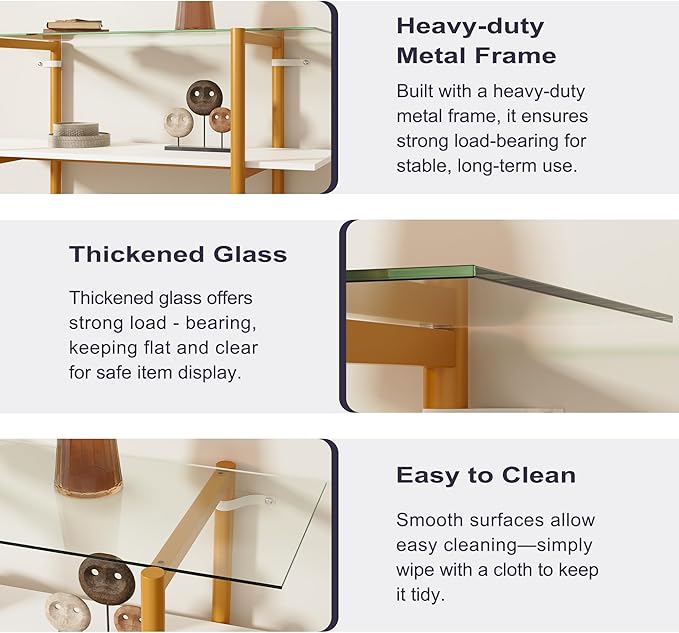 Glass Sofa Table, Mid-Century Modern Entryway Table with Tempered Glass & Golden Legs, 2-Tier Behind Couch Table for Living Room Hallway Entrance, White