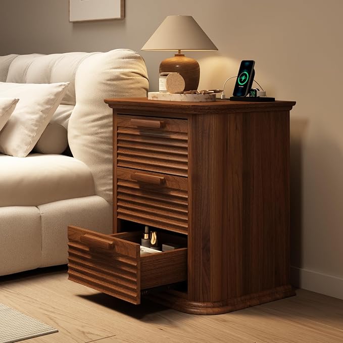 22'' Fluted Nightstand with Charging Station Set of 2, Modern End Table with 3 Drawers and Storage, Wood Night Stand with Round Corner, Side Table for Bedroom, Living Room, Curved Profile,Walnut