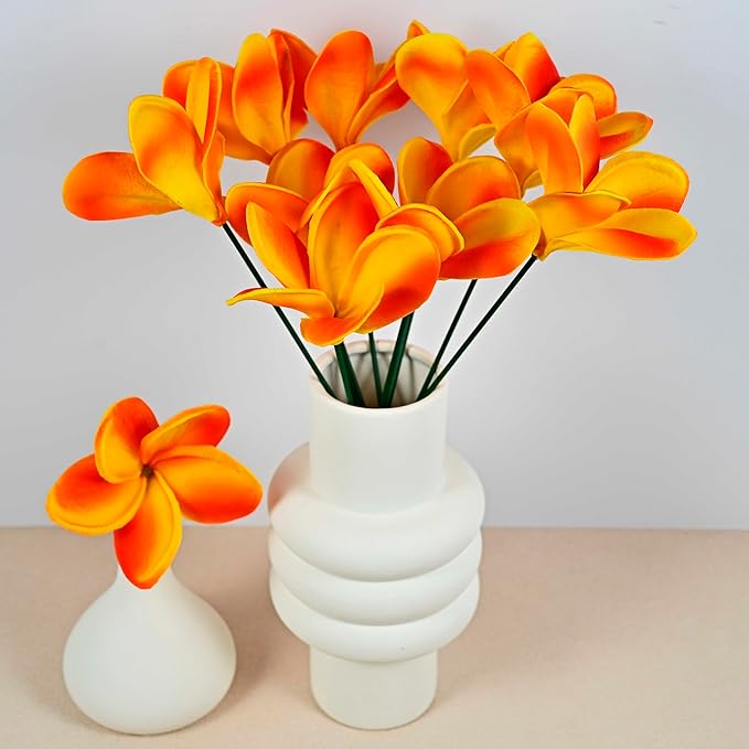 Birthday Gifts for Women 10pcs Gradient Bright Orange Flowers PU Real Touch Flowers Hawaiian Plumeria Frangipani Artificial Flowers for DIY Birthday Gifts Wedding Gifts Home Decor Table Centerpiece