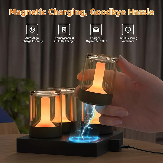 uuffoo Mini Rechargeable Night Lights 4-Pack, Transparent Table Lamps for Bedroom, Living Room, Office & Camping, Portable Ambiance Lighting with Charging Base, Flickering & Steady Candle Modes