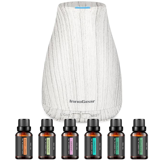 InnoGear Essential Oil Diffuser with Oils, 100ml Aromatherapy Diffuser with 6 Essential Oils Set, Aroma Cool Mist Humidifier Gift Set, Grey Wood Grain