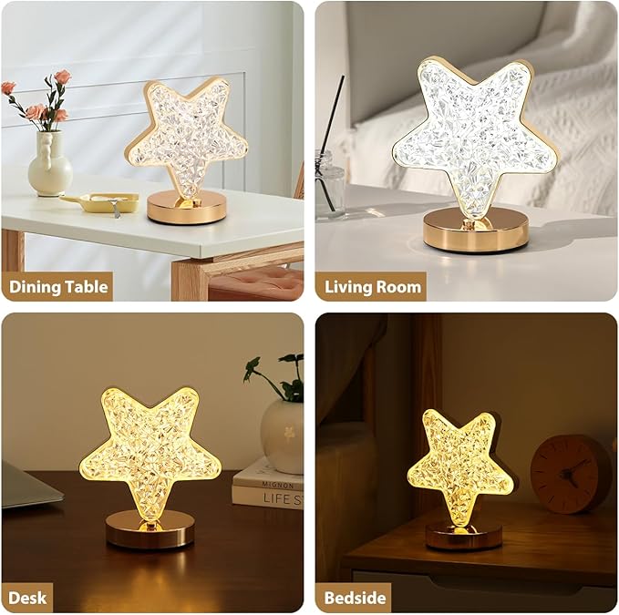 Lewondr Star Table Lamp, Stepless Dimmable Touch Lamp with 3 Colors, Rechargeable Night Light with USB Port, Crystal Star Light Bedside Lamp for Nightstand Desk Bedroom Living Room Home Decor
