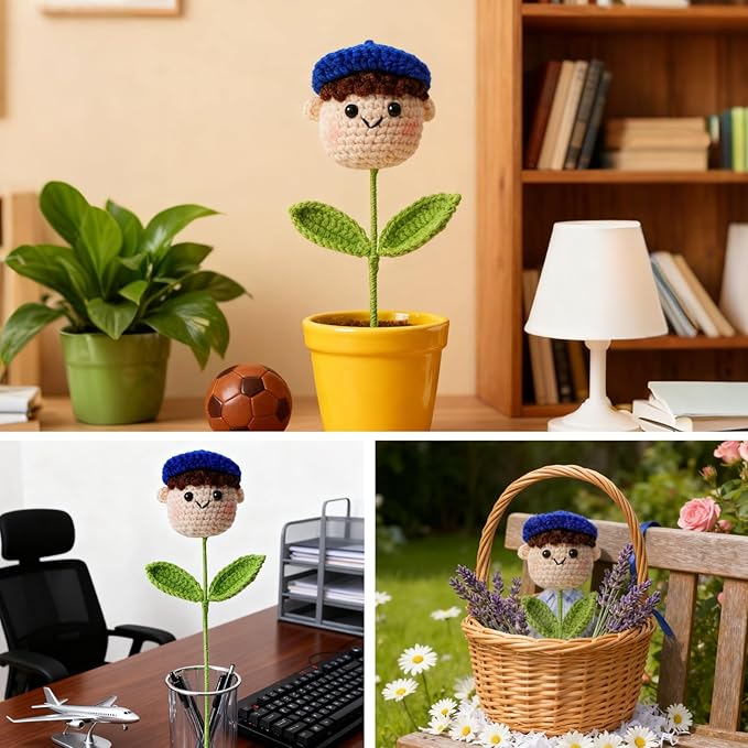 Crochet Handmade Flower Doll Bouquet Gift for Him, DIY Knitted Gifts for Home Office Desk Decor, Gift Ideas for Son Boy Boyfriend
