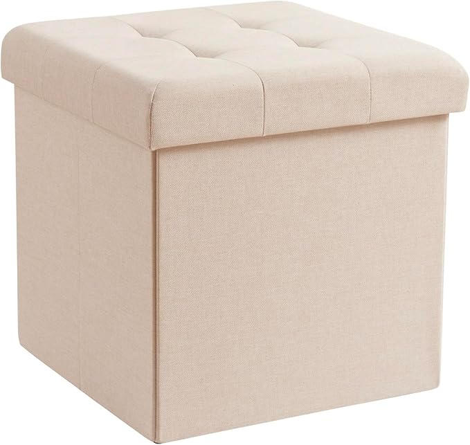 Ornavo Home 15 Inch Folding Storage Ottoman, Square Small Storage Foot Rest Stool, Bedroom Bench - Beige