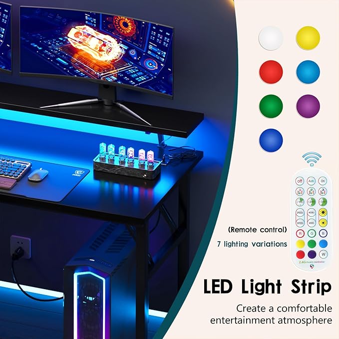 DlandHome Computer Desk 39’’ with LED Lights & Power Outlets,Folding Desk with Monitor Stand, Writing Desk Home Office Desk, Fully Assembled,Black