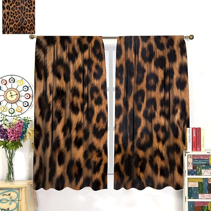 Leopard Print Blackout Curtain, Black Brown Fur Leopard Print Wild Animal Skin Drapes, Window Treatments Rod Pocket 2 Panels Curtains for Bedroom Nursery Office Living Room Decor 63"W X 63"L