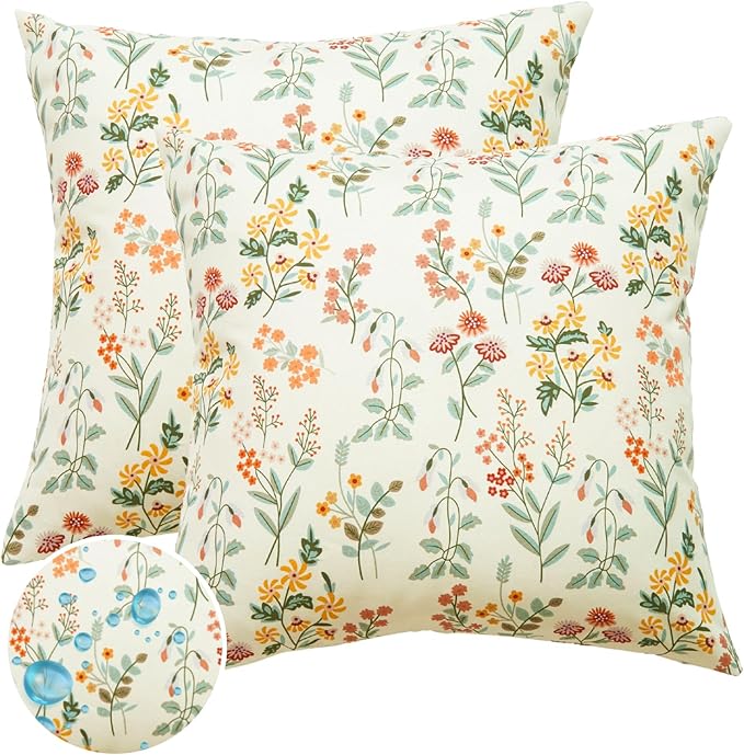 Floral Outdoor Pillows Waterproof for Patio Furniture 18x18 Set of 2 Beige Cream Decorative Pillow Covers for Couch Porch Chair Bench Reversable Country Rustic Farmhouse Pillow Cases Cream