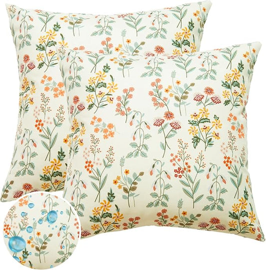 Floral Outdoor Pillows Waterproof for Patio Furniture 18x18 Set of 2 Beige Cream Decorative Pillow Covers for Couch Porch Chair Bench Reversable Country Rustic Farmhouse Pillow Cases Cream