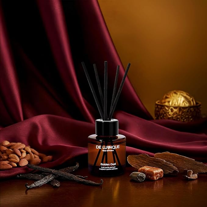 Golden Oud Reed Diffuser – Room Scent Diffuser with Essential Oils – Home Fragrance Diffuser – Long-Lasting Aroma with Oud, Vanilla & Damask Rose Oil Diffuser – 50ml