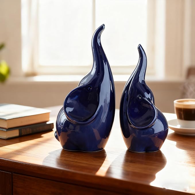 Ceramic Elephant Figurines with Trunk Up, Pair Couples Loving Elephant Statue, Small Figurines Sculpture African Home Decor, Valentine Elephants Gifts for Women, Wedding Knick Knacks（Blue）