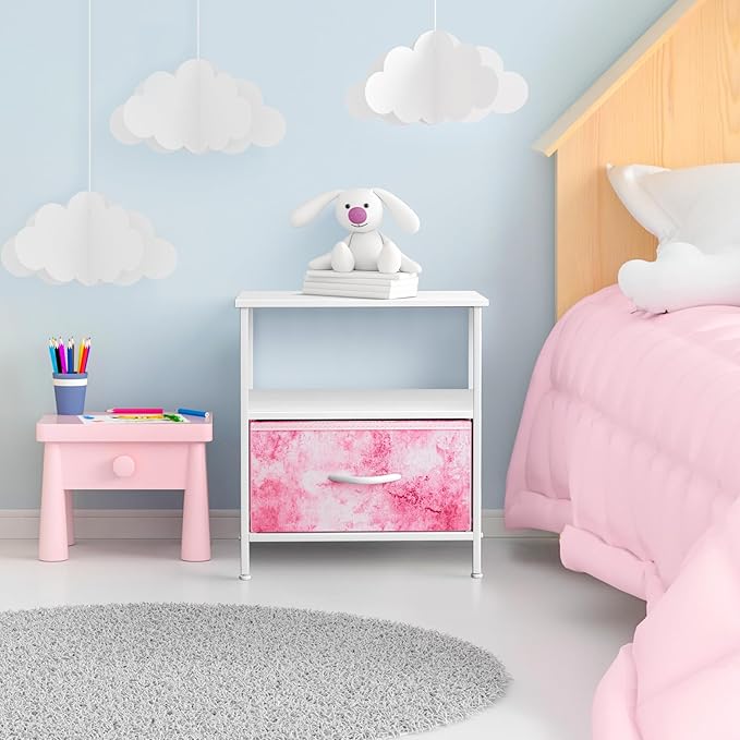 Sorbus 1 Drawer Shelf Storage Nightstand - Kids Bedside Furniture End Table Night Stand with Steel Frame Wood Top & Easy Pull Fabric Bins. Dresser & Chest for Home Bedroom Accessories Office & College