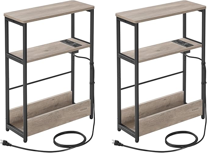 VASAGLE Side Tables with Charging Station, Set of 2 Narrow End Tables, 3-Tier Nightstands, Sofa Tables for Small Spaces, for Living Room, Bedroom, Study, Heather Greige and Ink Black ULCT664K04