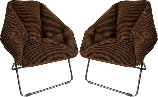 Zenithen Limited Foldable Portable Hexagon Metal Frame Folding Corduroy Soft Dish Chairs for Dorm Rooms, Bed Rooms, Gaming, and Living Room, Brown (Pack of 2)