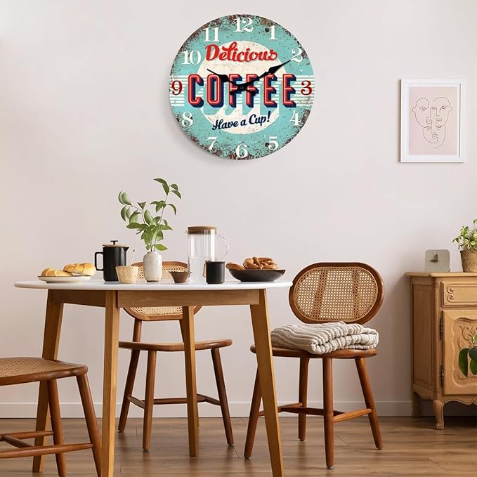 XFM Vintage Kitchen Wall Clock 12 Inch Silent Wooden Wall Clocks Battery Operated Blue Retro Round Clocks for Cafes Bar Farmhouse Office