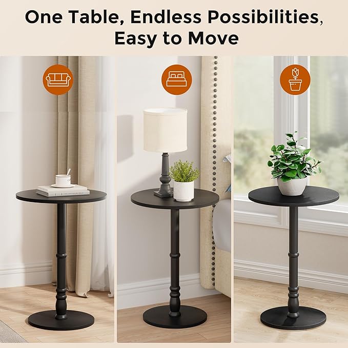 Round Side Table, Solid Wood Pillar, Large 15.7" Top, Small Accent Table for Living Room, Bedroom, Sofa, Entryway & Office, Easy Assembly, Black
