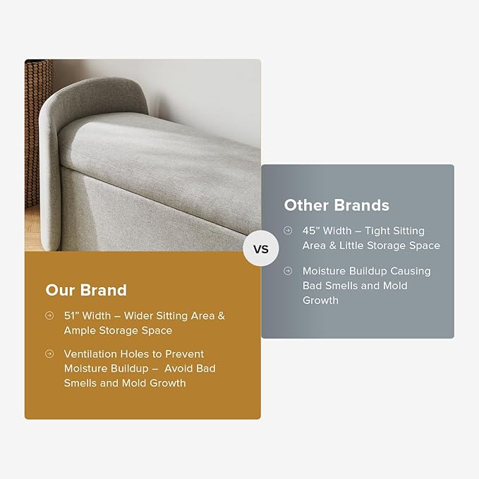 mopio Sophie 51" Ottoman Storage Bench, Entryway and Window Seating, End of Bed Curved Stool for King & Queen Bed, Storage Chest for Bedroom (Light Gray Fabric)