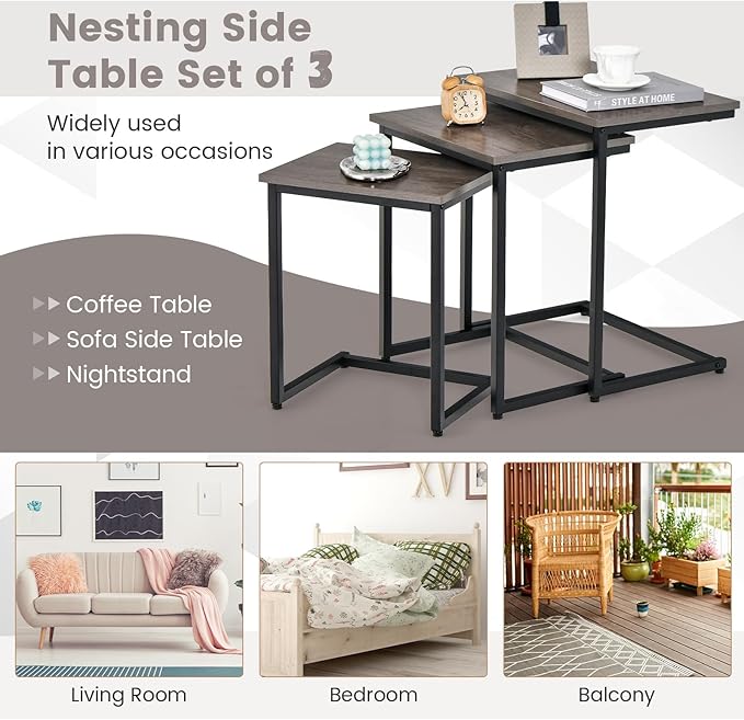 Tangkula Nesting Table Set of 3, Rectangle Stacking Side End Table w/Wood Top & Metal Legs, Adjustable Foot Pads, C-Shaped Accent Coffee Tables for Small Spaces, Living Room (C-Shaped, Gray, 3-pc)