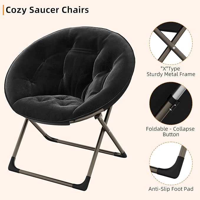 IDEALHOUSE Comfy Folding Padded Saucer Chair, Folding Circle Chair with Metal Frame, Soft Moon Chair for Bedroom, Dorm Rooms, Apartments, Lounging, Garden and Courtyard, Black