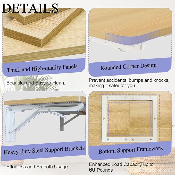 TEAMIX Wall Mounted Folding Table, Floating Desk for Small Spaces, Drop Leaf Dining Table for Kitchen Fold Down Laundry Shelf with Heavy-Duty Brackets