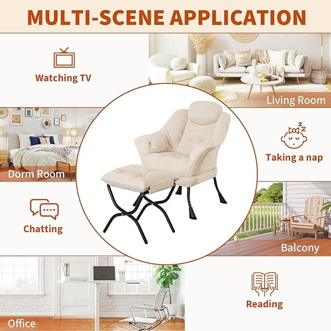 Living Room Chair Modern Accent Chair with Ottoman, Ergonomic Support, Foldable Footrest, Removable Washable Cover, Perfect for Bedroom and Living Room, Beige