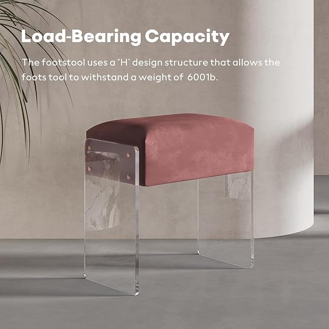 Vanity Stool Chair and Pouf Ottoman-Modern Multifunctional Vanity Stool and Foot Rest with Alcantara and Acrylic Leg for Makeup Room, Living Room, Bedroom