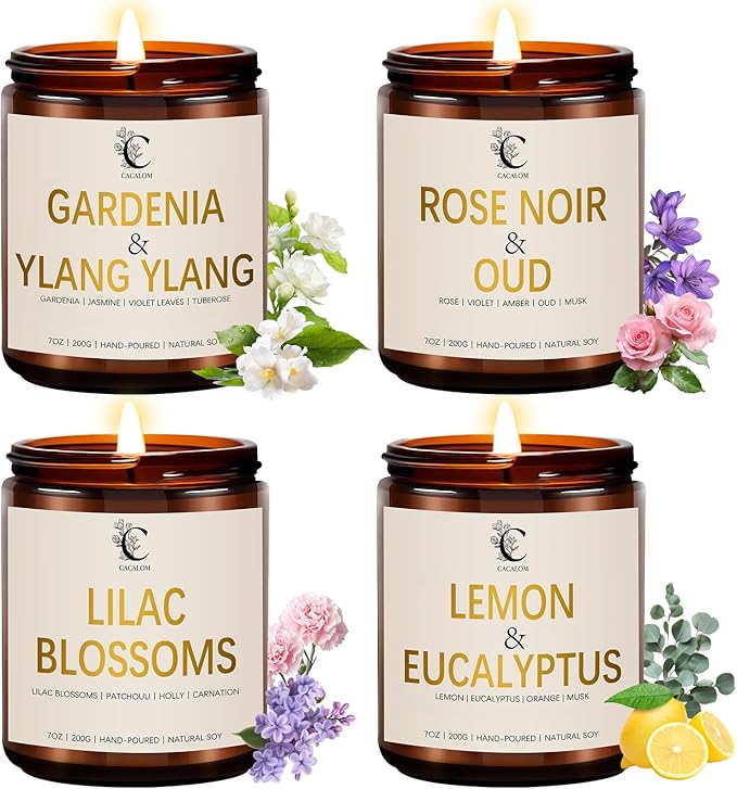 28oz Scented Candles Set, 4Pack Floral Chirstmas Halloween Candles 7oz Candle, Birthday Gifts for Women Long Lasting Soy Wax Candle Non Toxic for Home Decor Aromatherapy, Rose/Lemon/Gardenia/Lilac