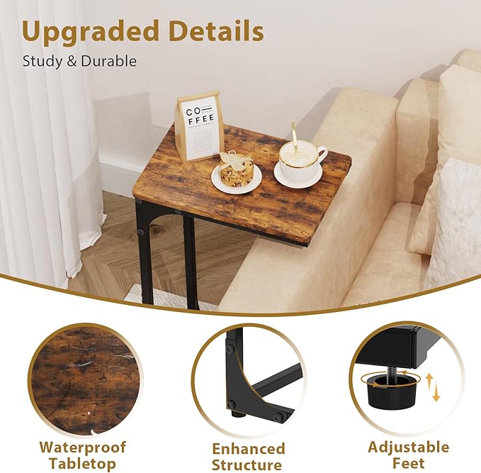 Narrow C Shaped End Tables Living Room TV Trays Set of 2, Small Thin Farmhouse Side Table Skinny Slide Under Couch Tray Tables for Sofa Bedroom Small Space 7 inch Width, Rustic Brown