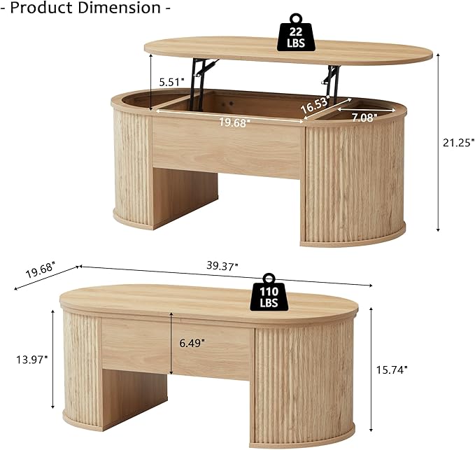 ORRD Lift Top Coffee Table, Fluted Coffee Table with Lifting Top, Wooden Lift Up Dining Table with Hidden Compartment, Center Table for Living Room, Office - Oak