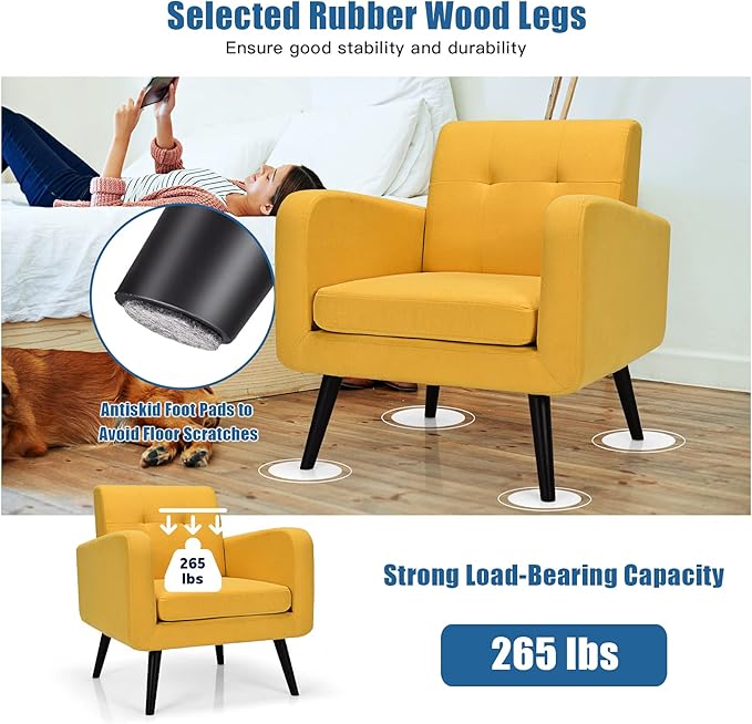 Giantex Upholstered Accent Chair, Modern Mid Century Linen Fabric Living Room Chair with Arms, Max Load 265 Lbs, Comfy Tufted Single Sofa for Reading, Bedroom, Office, Club, Yellow