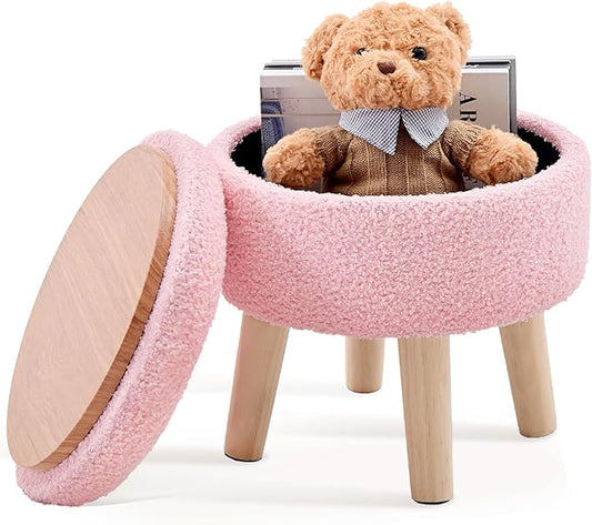Mxfurhawa Versatile Storage Ottoman, Round Footstool with Soft Padded Seat, Small End Table with 4 Wood Legs, Teddy Velvet Foot Rest for Couch,Shoe Changing Stool for Living Room (Pink)