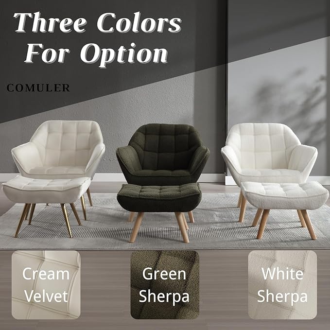 Green Sherpa Accent Chair with Ottoman ，Modern Reading Chair with Ottoman Set, Comfy Fuzzy Armchair Living Room Chair Lounge Chair with Wood Legs for Small Spaces Bedroom Apartment
