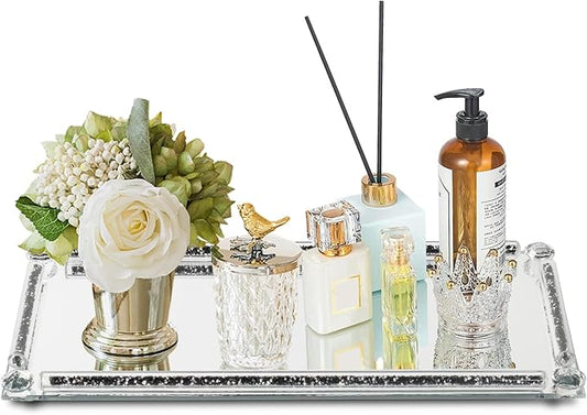 Glass Vanity Tray with Crushed Diamond,Perfume Tray,Mirror Vanity Trays for Bedroom Dresser,Crystal Cosmetic Makeup Tray,Decorative Tray for Home Decor Gift(Black Crushed Diamond)