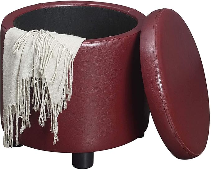Convenience Concepts Designs4Comfort Round Accent Storage Ottoman in Burgundy Red Faux Leather Finish
