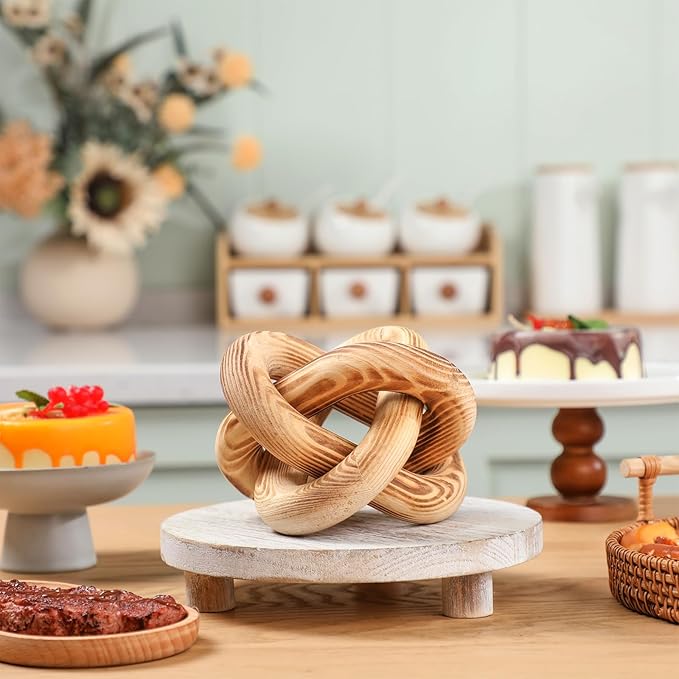 3 Link Wood Knot Decor - Hand Carved Coffee Table Decoration, Boho Chain Link Decor, Modern Shelf, Rustic Objects for Home Living Room Bedroom (Burnt)