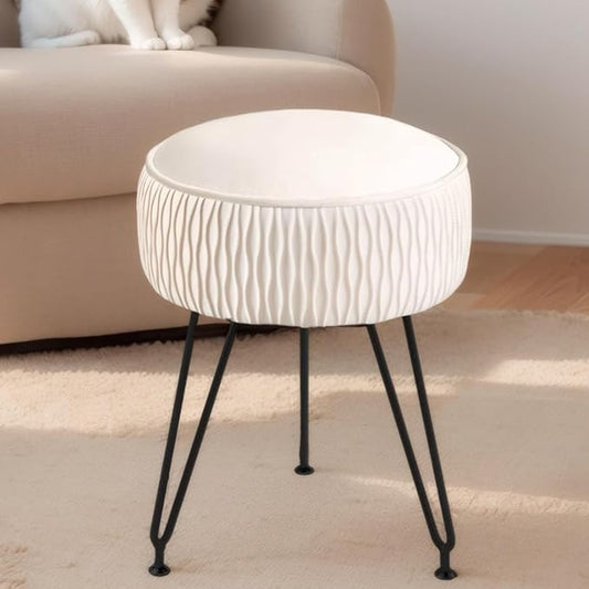 Velvet Vanity Stool Footrests, Round Ottoman Vanity Chairs with Anti-Slip Feet, Dressing Table Seat Foot Stool with Black Legs, Furry Padded Seat Side Table for Makeup Bedroom, White