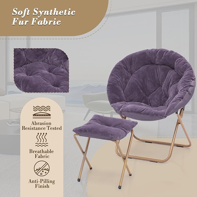 Athena Collection Saucer Chair with Ottoman - Modern Foldable Round Cozy Chair - Purple Faux Fur - 300 lbs Capacity - Ideal for Bedroom, Living Room, Gaming, Reading, Camping