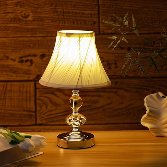 Small Modern Crystal Bedside Table Lamp, 7 x 7 x 12 Inch Electroplaetd Silver Base Table Lamp for Bedrooms and Office (White Pleated Bell Shape Shade)