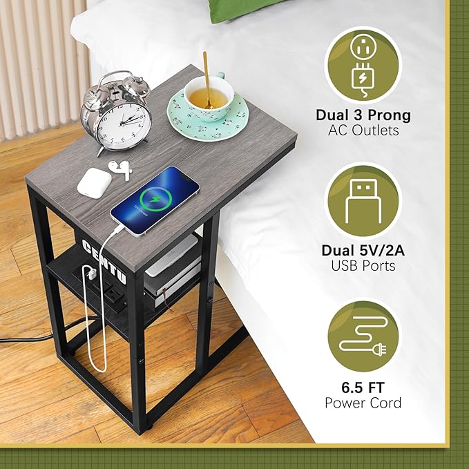 Yoobure C Shaped End Table with Charging Station, Small Side Table for Living Room, Bedroom, Sofa with USB Ports and Outlets for Small Spaces, C Couch Rustic Snack Bed Side Table