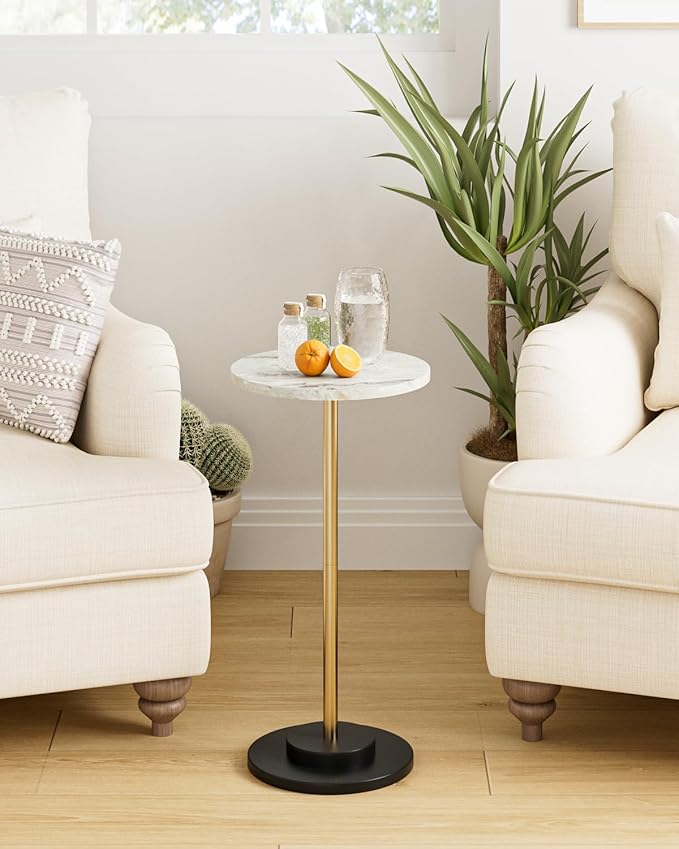 Round Side Table, Small Drink Table for Small Spaces, Modern Accent End Table with Metal Leg for Living Room, Bedroom, Corners, and Office (Marble)