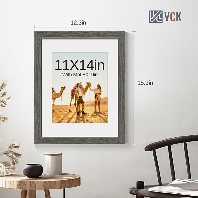 VCK 11x14 Picture Frame 5 Pack - Grey, High-End Wood Poster Frames with Tempered Glass, Display 8x10 Photo with Mat or 11x14 without Mat, Art Gallery-Quality, Wall Hanging, Grey