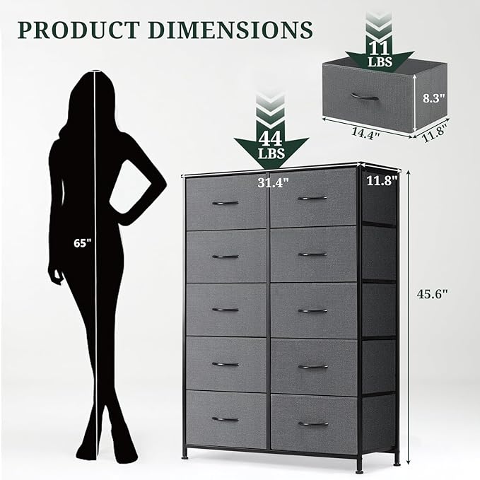 10-Drawer Dresser for Bedroom, Anti-Tip Tall Storage Organizer Chest of Drawers with Wooden Top and Metal Frame Fabric Bins for Closet, Living Room, Hallway, Entryway, Gray
