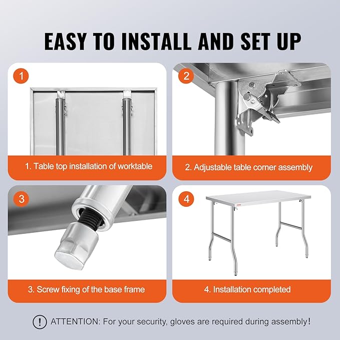 VEVOR 48 x 30 Inch Folding Commercial Prep Table Commercial Worktable Workstation, Heavy-Duty Stainless Steel Folding Table with 220 lbs Load, Silver Stainless Steel Kitchen Island，Kitchen Work Table