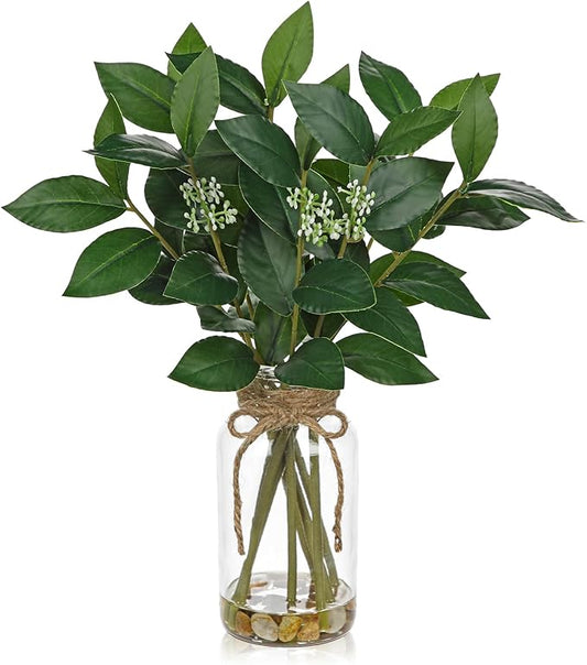 DILATATA Artificial Laurel Stems in Glass Vase with Faux Water and Real Stones 14" Fake Greenery Plant Bay Leaves for Home Office Farmhouse Bathroom Bedroom Kitchen Table Centerpiece Decor