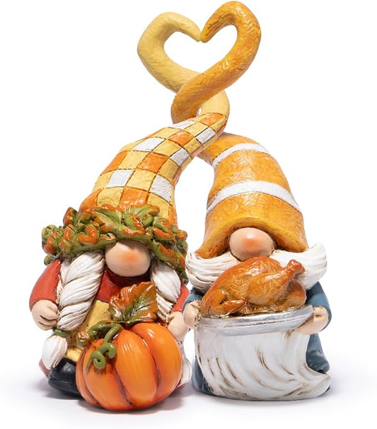 Hodao Thanksgiving Decorations for Table, Resin Fall Thanksgiving Gnome Figurines with Turkey, Pumpkin & Heart, Festive Gift for Autumn Home Decor - 2 Pcs